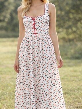 Carolina Constas Linen Blend Cherry Print Maxi Dress Size Medium